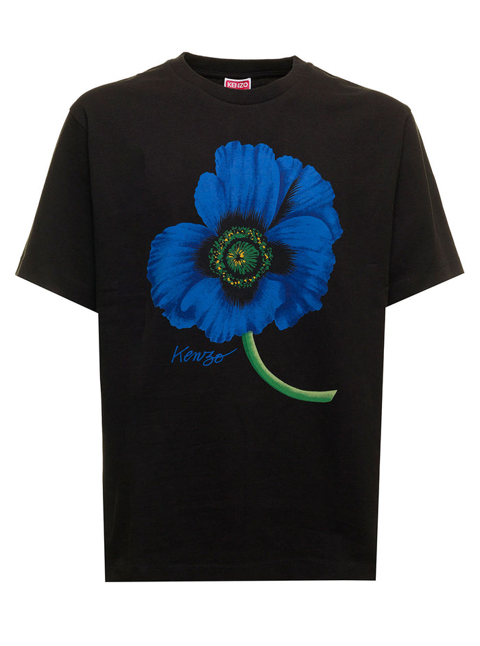 Black T-Shirt Cotton With Poppy Print Kenzo Man Tshirts And Polo Shirts