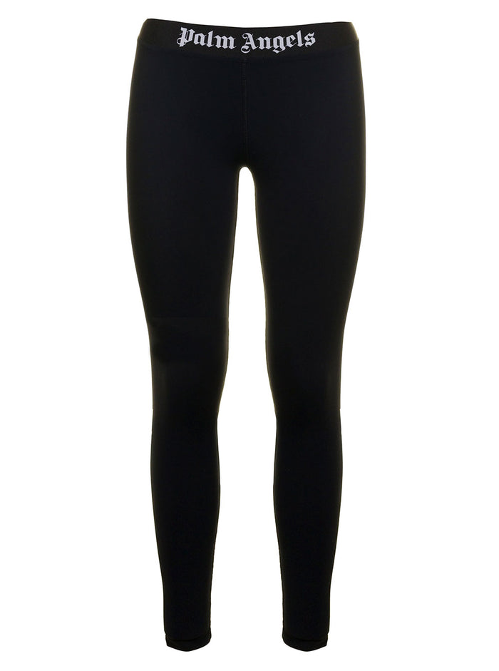 Black Technical Fabric Leggings With Logo Palm Angels Woman Polyamide Elastane Trousers