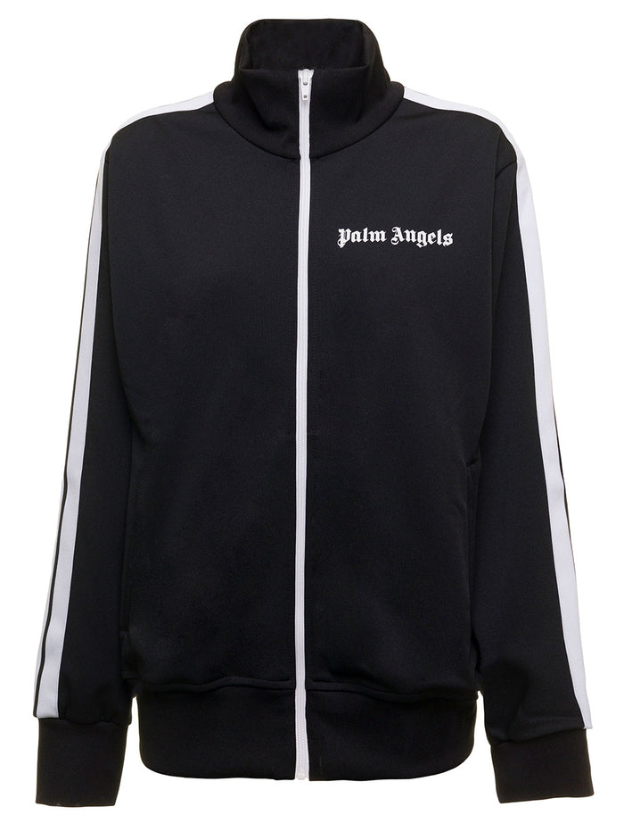 Classic Track Black And White Technical Fabric Sweatshirt With Logo Print Palm Angels Woman Polyester Sweatshirts