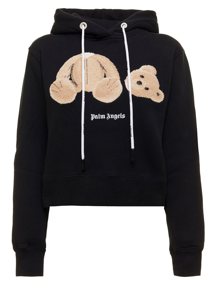 Black Cotton Hoodie With Logo Bear Print Palm Angels Woman Sweatshirts