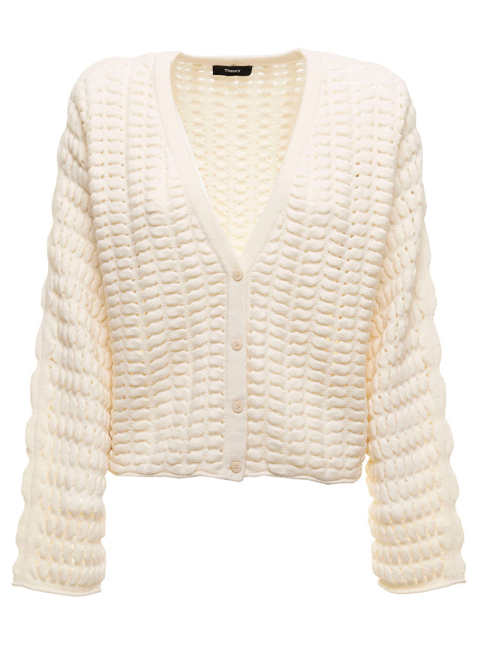 Hanelee Wool And Cashmere Quilted Cream Colored Cardigan Theory Woman White Jersey