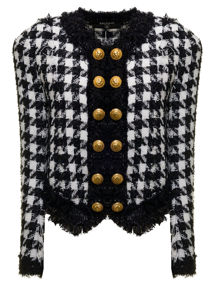 Pied De Poule White And Black Tweed Wool Blazer Balmain Woman Blazers