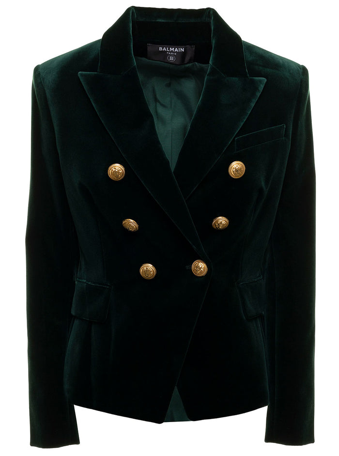 Double-Breasted Green Velvet Blazer Balmain Woman Cotton Blazers