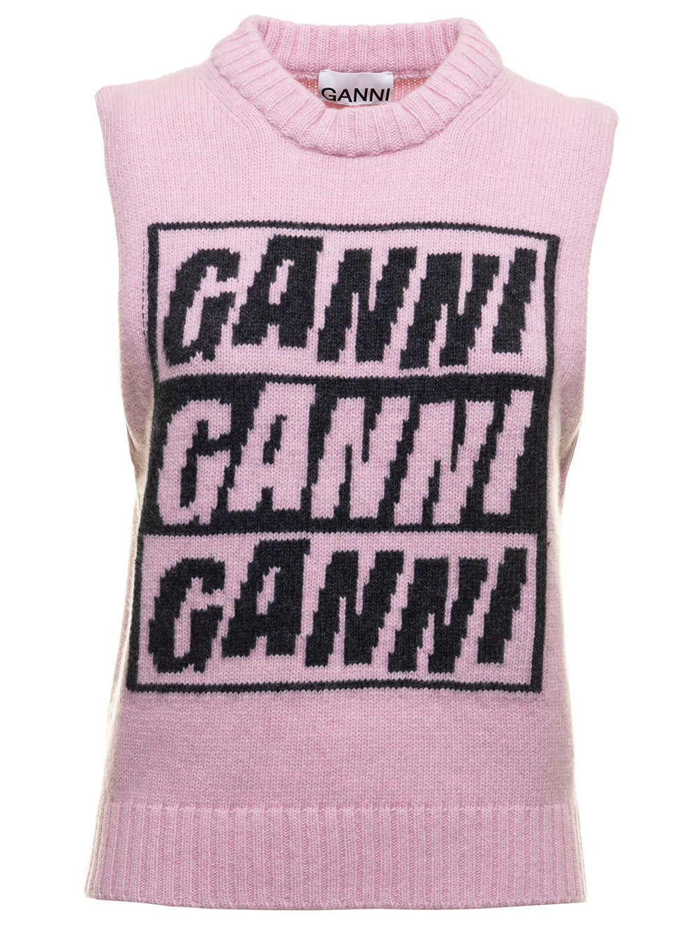 Pinkrecycled Fabric Vest With Logo Print Ganni Woman Pink Recycled Wool Polyamide Blazers