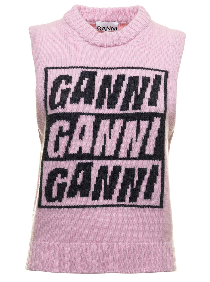 Pinkrecycled Fabric Vest With Logo Print Ganni Woman Pink Recycled Wool Polyamide Blazers