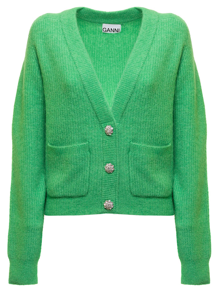 Green Merino Wool Cardigan With Jewel Buttons Ganni Woman Jersey