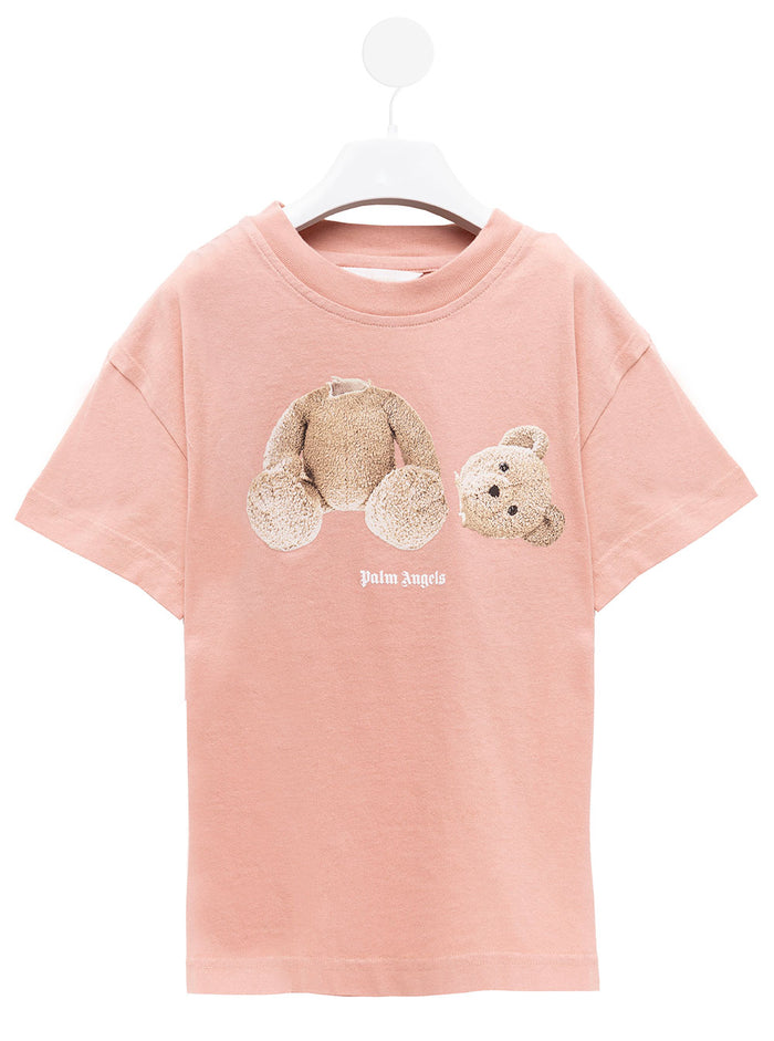 Pink Cotton T-Shirt With Bear Loose Front Print Palm Angels Kids Boy Tshirts And Polo Shirts