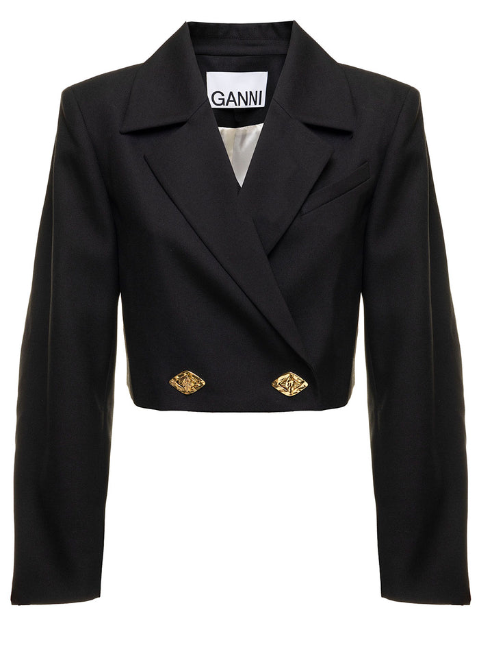 Ganni Womans Black Jacket Recycled Fabric With Metal Details Polyester Viscose Blazers