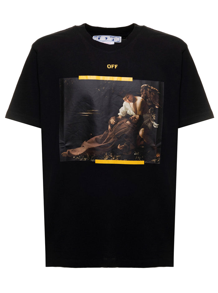Off White Mans Black Cotton T-Shirt With Arrow Caravaggio Print Tshirts And Polo Shirts