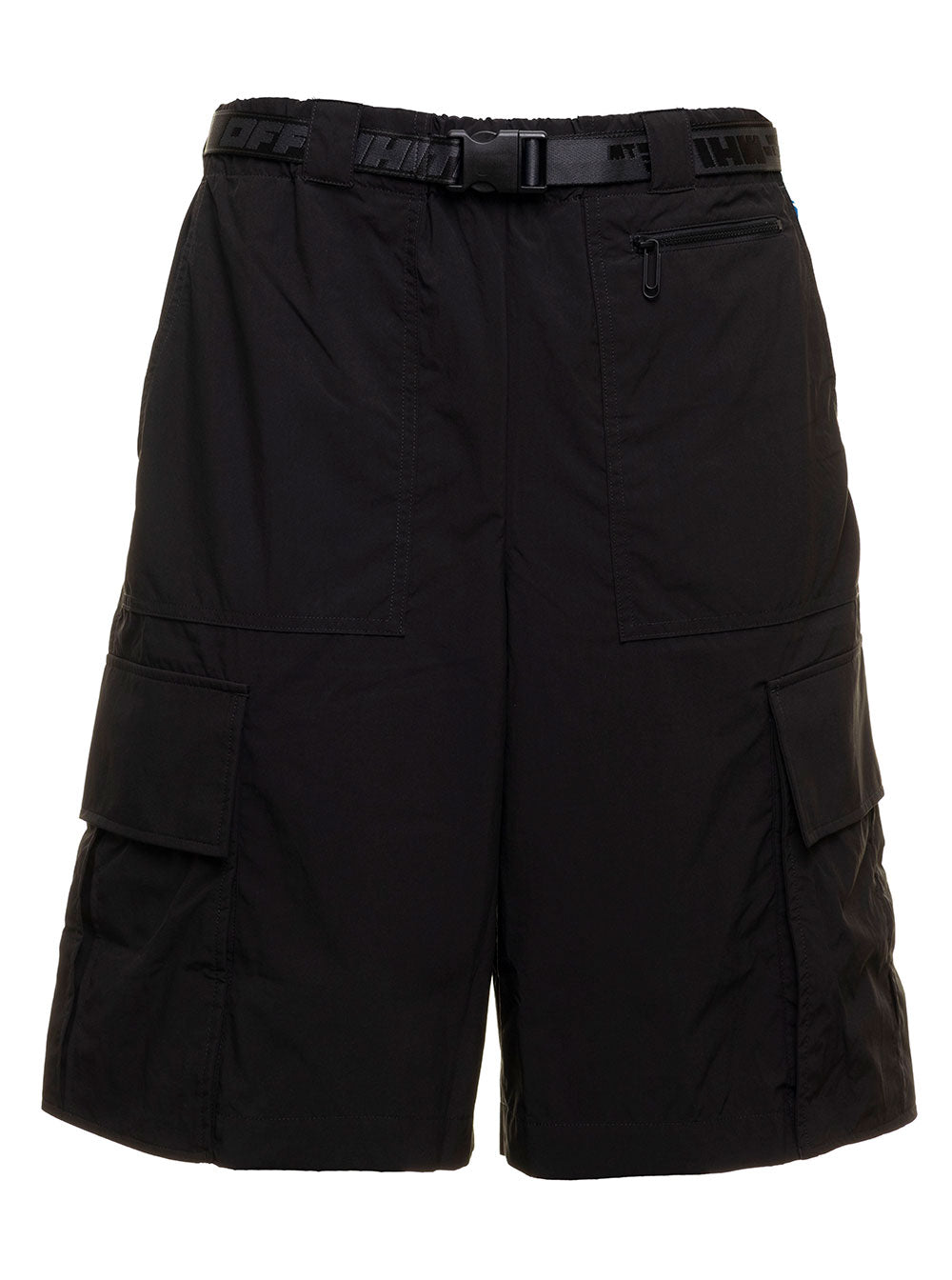 Off White Mans Indust Cargo Bermuda Shorts With Belt Black Polyester Polyamide And