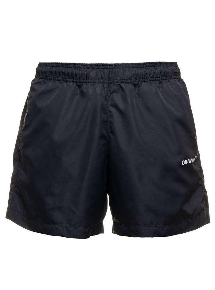 Off White Mans Black Nylon Arrow Swim Shorts Polyamide Beachwear