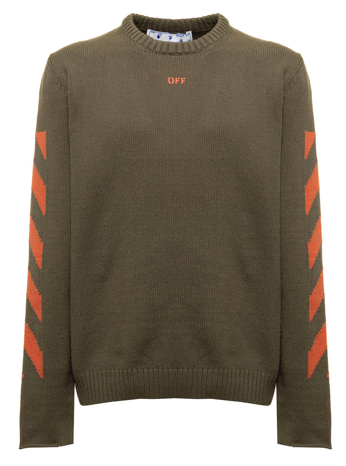 Off White Mans Green Diag Arrow Cotton Blend Sweater Polyester Jersey