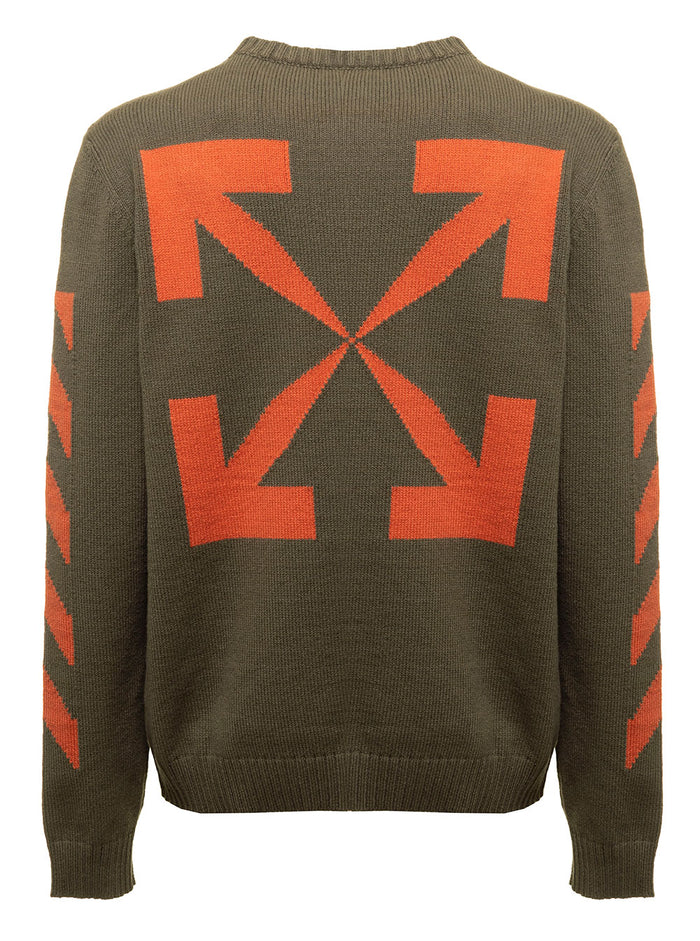 Off White Mans Green Diag Arrow Cotton Blend Sweater Polyester Jersey