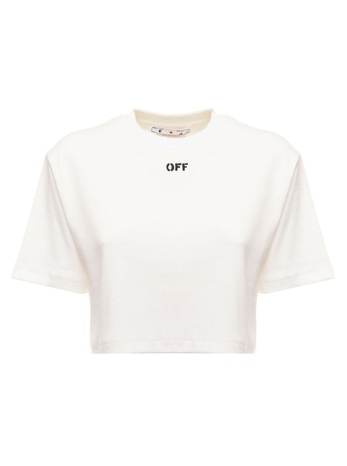 Off White Womans Cropped Cotton T-Shirt With Logo Print Tshirts And Polo Shirts