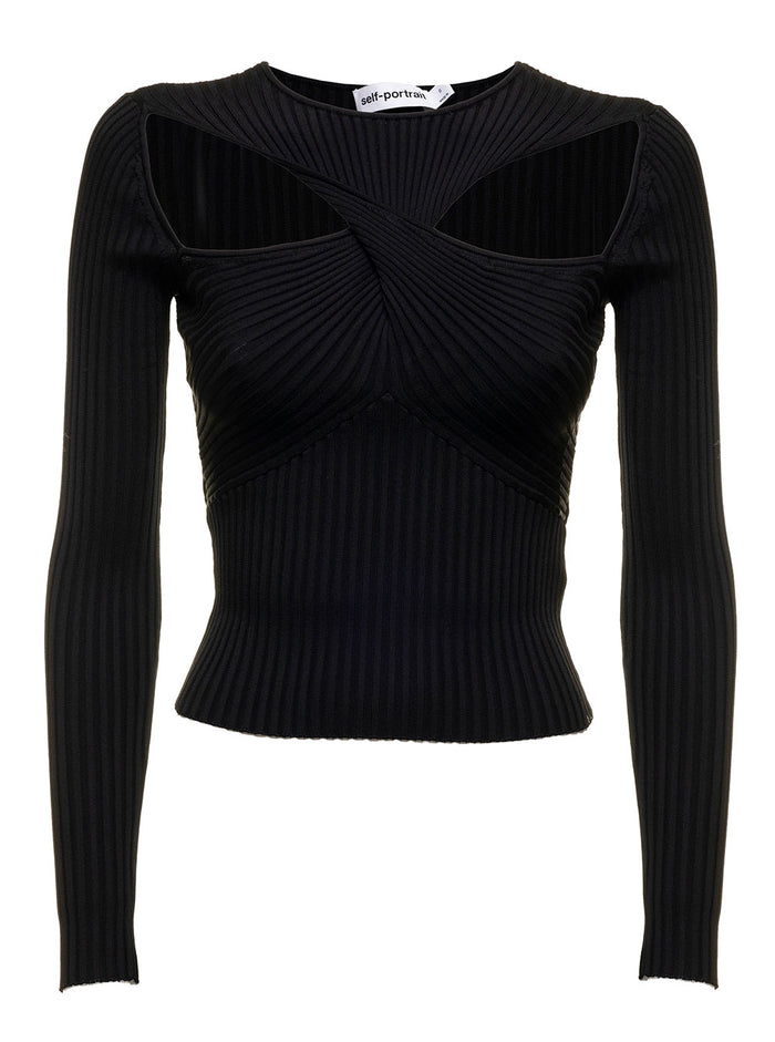 Self Portrait Woman S Long-Sleeved Shirt With Cut Out Details Black Viscose Polyester Jersey