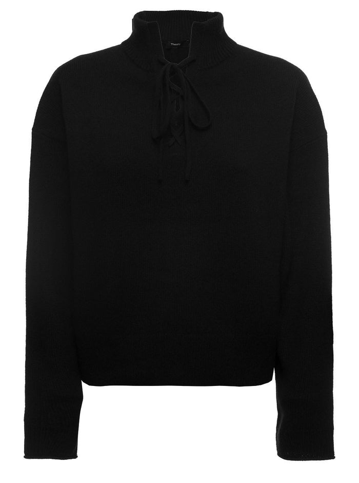 Theory Womans Cashmere Black Turtleneck Sweater With Laces Jersey