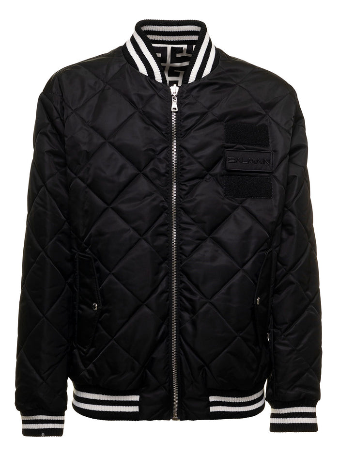 Black And White Quilted Nylon Reversible Bomber Jacket Balmain Man Polyamide