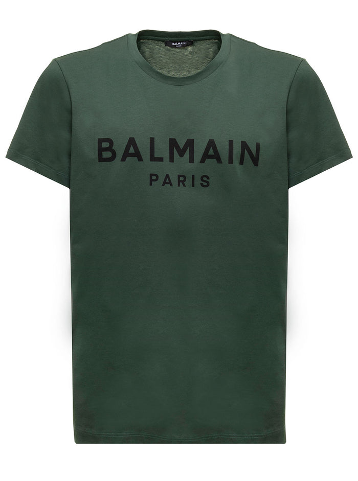 Green Cotton T-Shirt With Logo Print Balmain Man Tshirts And Polo Shirts