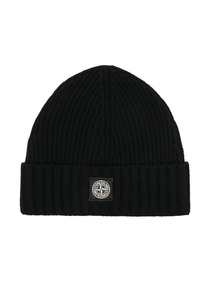 Black Ribbed Wool Hat With Logo Stone Island Kids Boy And Gloves
