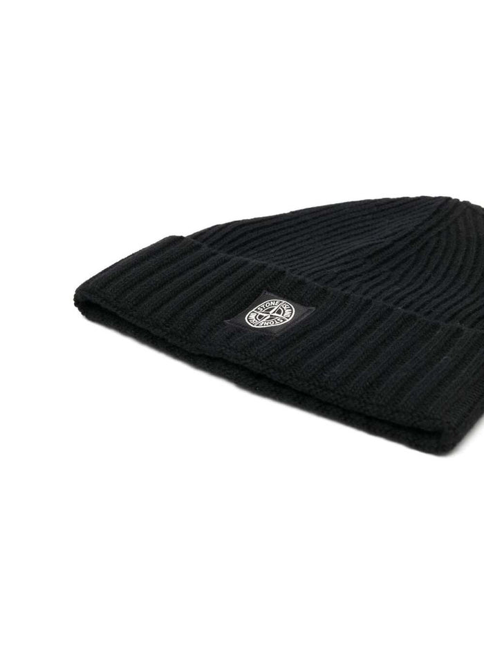 Black Ribbed Wool Hat With Logo Stone Island Kids Boy And Gloves