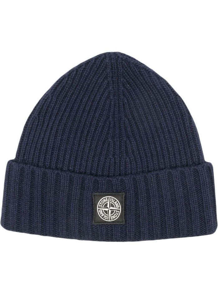 Blue Ribbed Wool Hat With Logo Stone Island Kids Boy Blu And Gloves