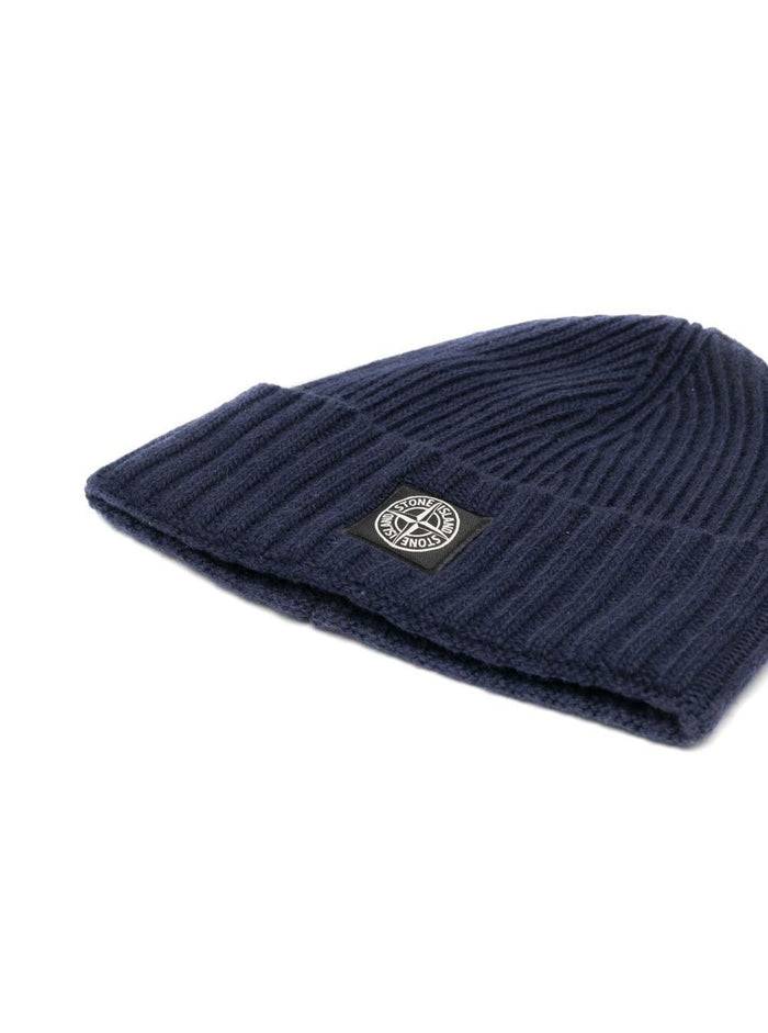 Blue Ribbed Wool Hat With Logo Stone Island Kids Boy Blu And Gloves