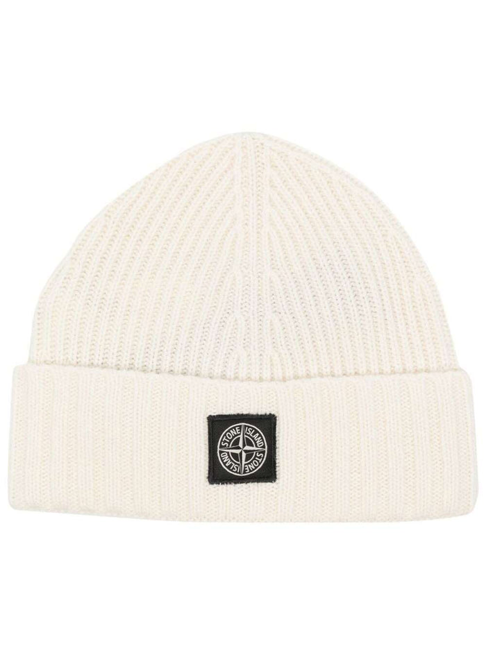 Ivory Colored Ribbed Wool Hat With Logo Stone Island Kids Boy White And Gloves