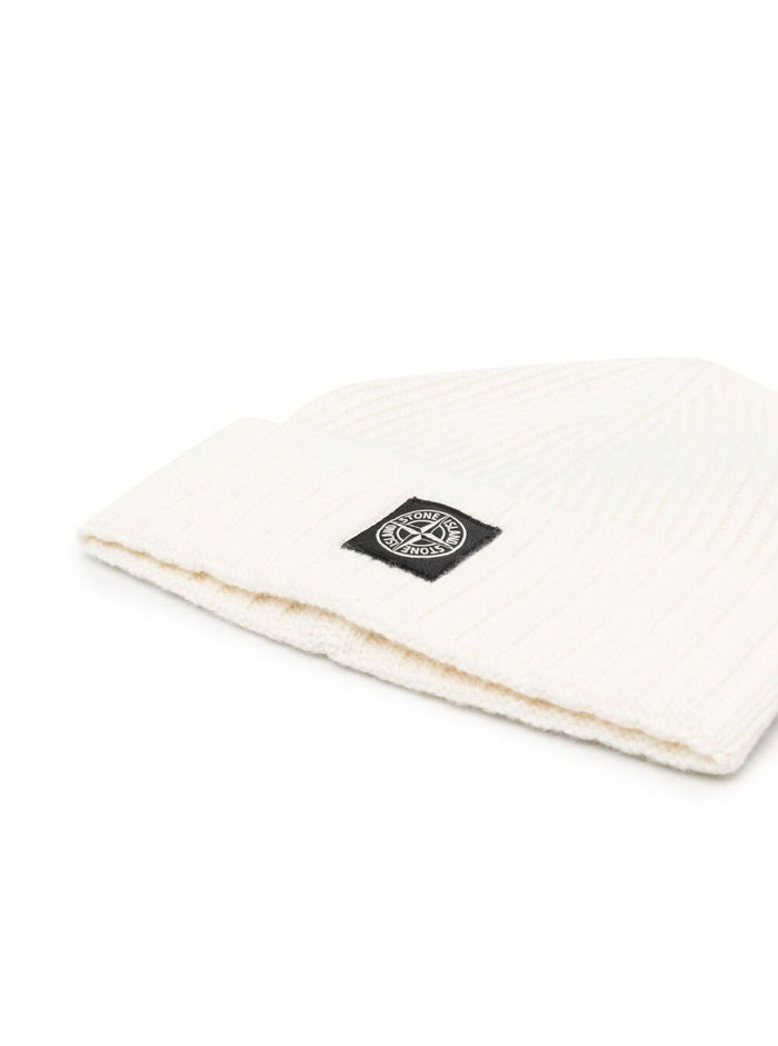 Ivory Colored Ribbed Wool Hat With Logo Stone Island Kids Boy White And Gloves