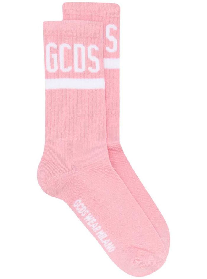 Gcds Woman S Pink Cotton Socks With Logo Polyamide Elastan Underwear