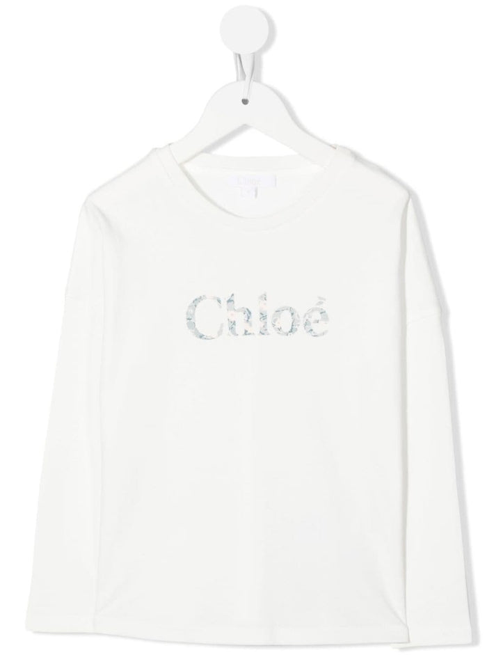 White Cotton Long-Sleeved T-Shirt With Logo Chloé Kids Girl Jersey