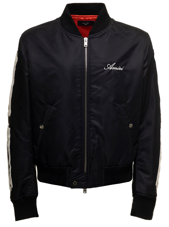 Bones Black Satin Bomber Jacket With Logo Amiri Man Nylon