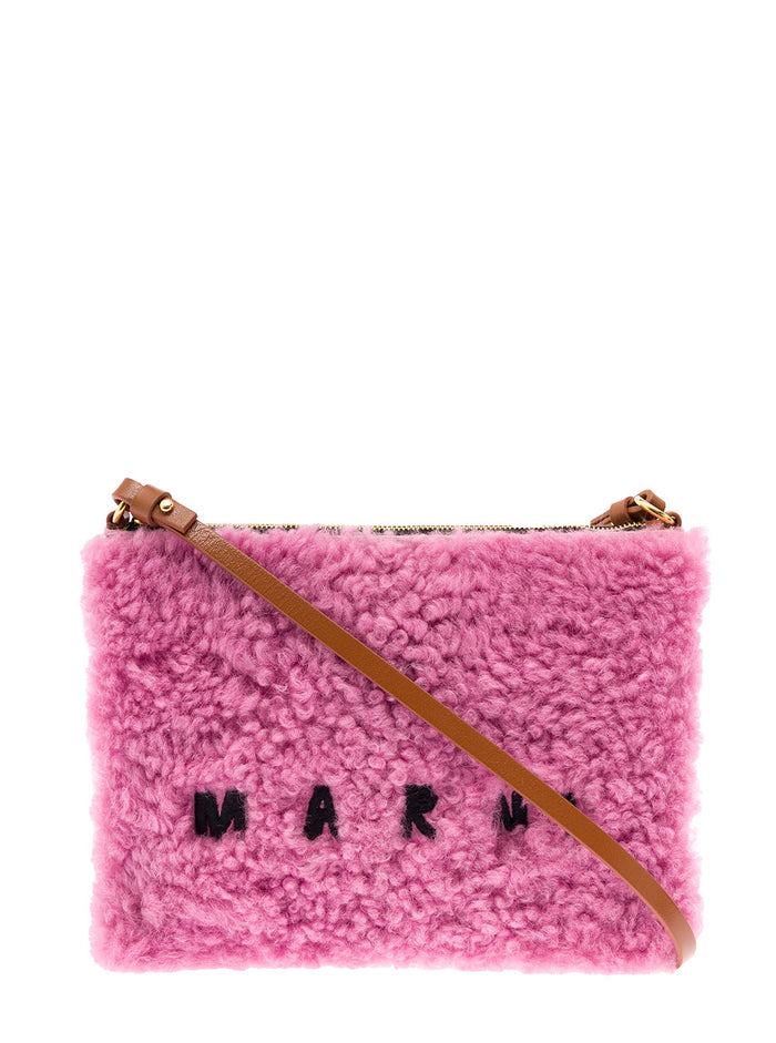 Pink Sheepskin And Leather Crossbody Bag With Logo Marni Woman Lamb
