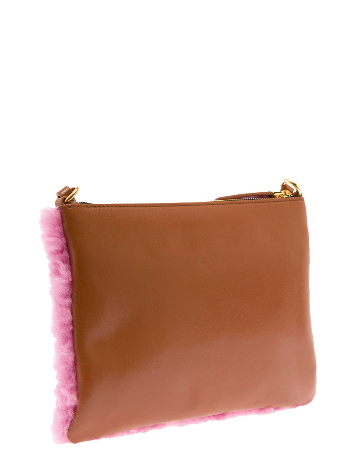 Pink Sheepskin And Leather Crossbody Bag With Logo Marni Woman Lamb