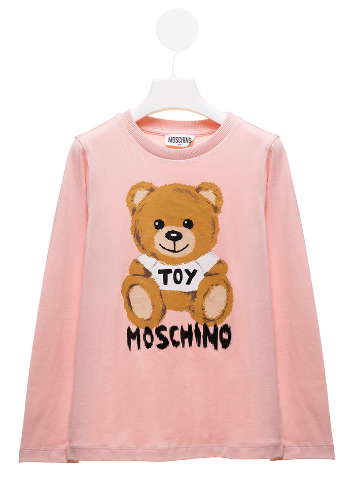 Pink Cotton Long Sleeved T-Shirt With Teddy Bear Print Moschino Kids Girl Elastane Jersey