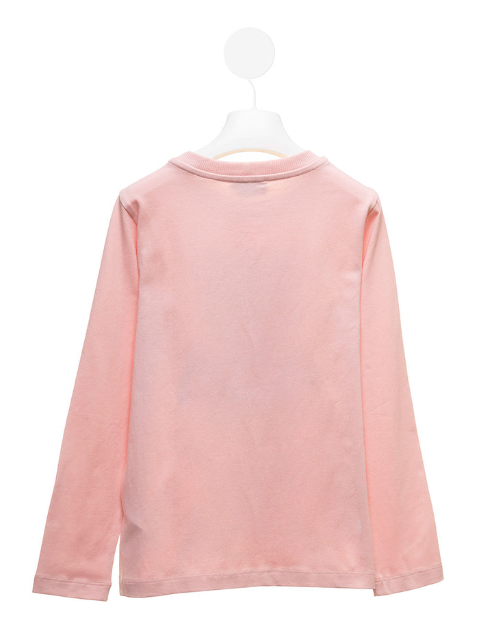 Pink Cotton Long Sleeved T-Shirt With Teddy Bear Print Moschino Kids Girl Elastane Jersey