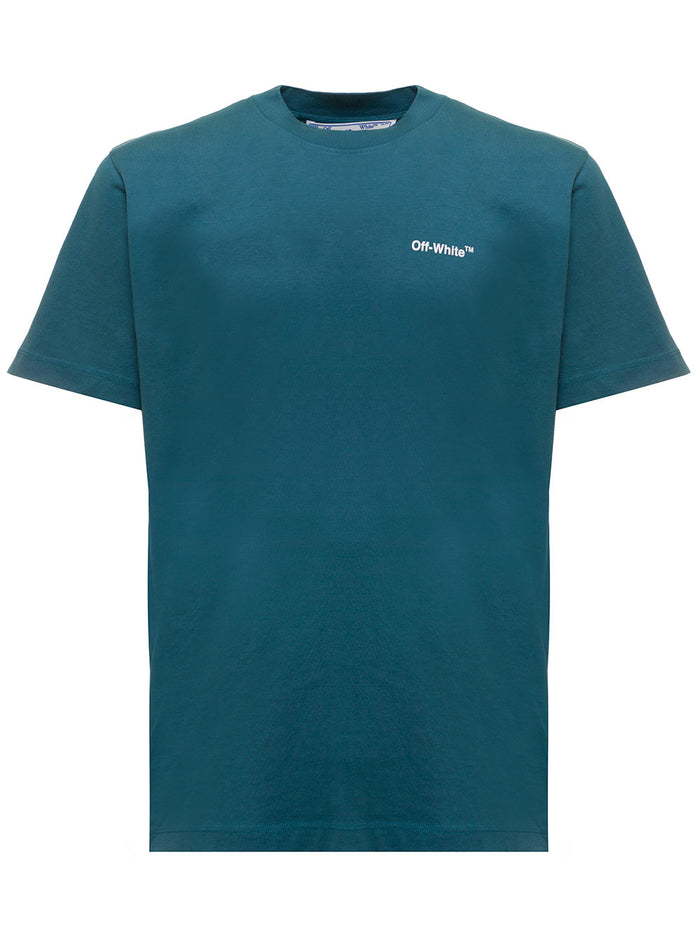 Cotton Petroil Colored T-Shirt With Chain Arrow Print Off White Man Light Blue Tshirts And Polo Shirts