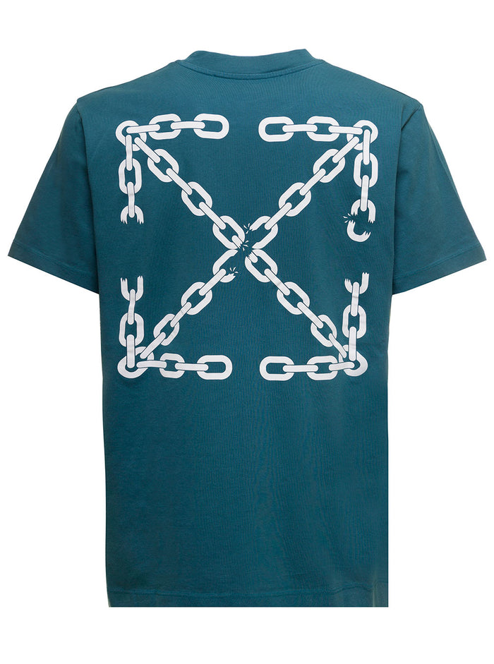 Cotton Petroil Colored T-Shirt With Chain Arrow Print Off White Man Light Blue Tshirts And Polo Shirts