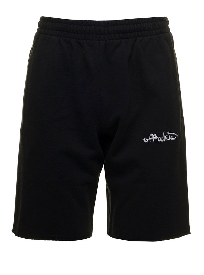 Black Cotton Bermuda Shorts With Script Logo Embroidery Off White Man And