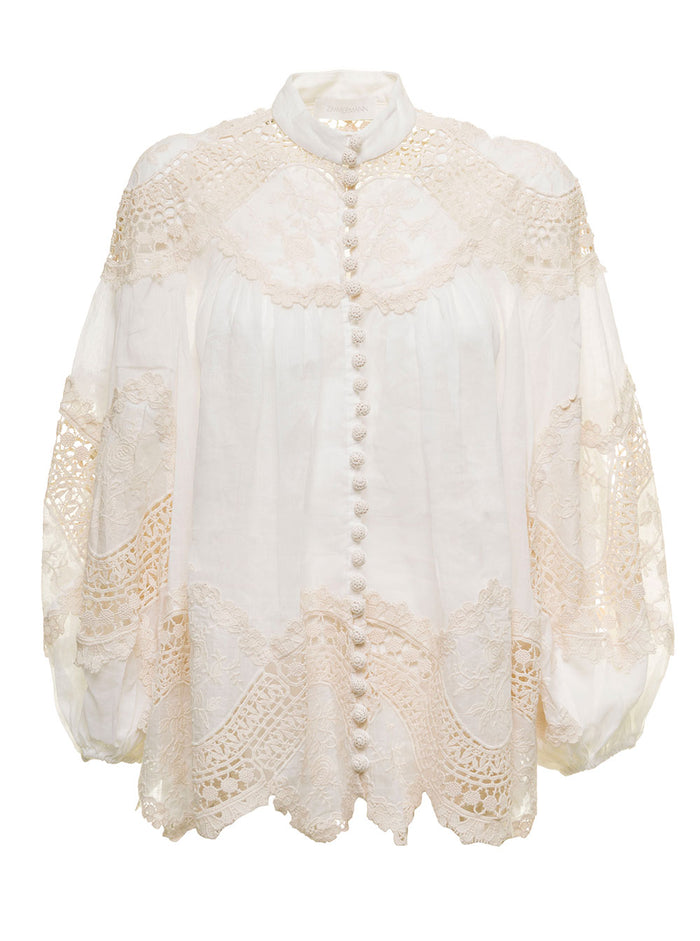 White And Beige Ramie Lace Blouse Zimmermann Woman Shirts Blouses