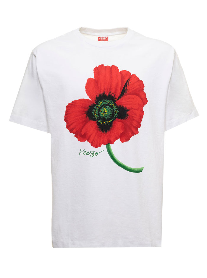 White T-Shirt Cotton Eith Poppy Print Kenzo Man Tshirts And Polo Shirts