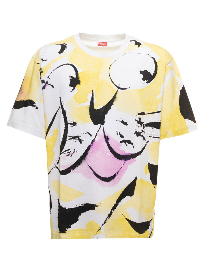 Multicolor Cotton T-Shirt With Seasonal Graphic Print Kenzo Man White Tshirts And Polo Shirts