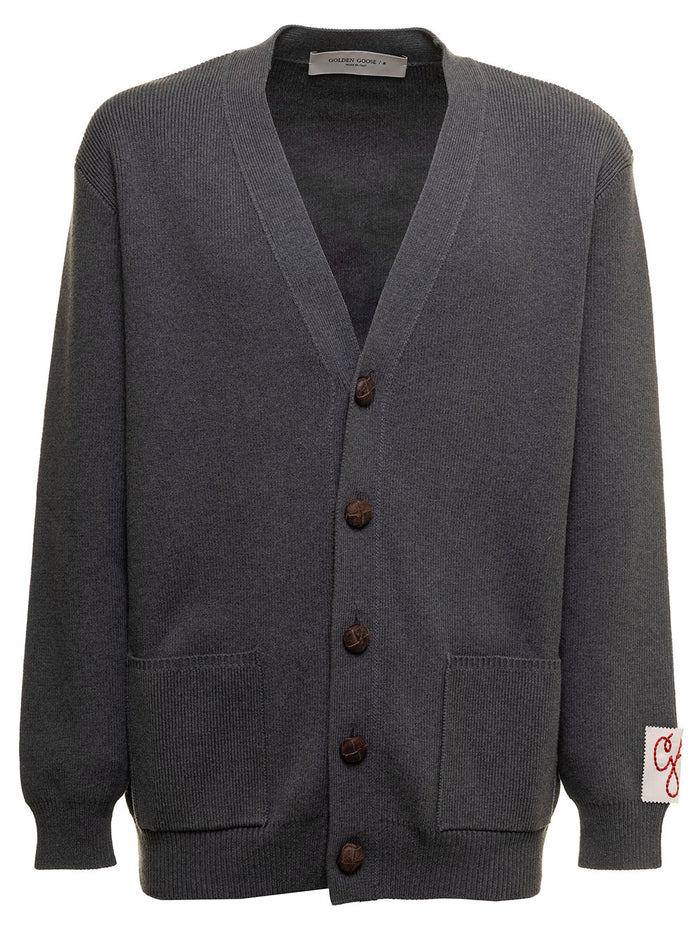 Anthracite Gray Cotton Cardigan With Logo Golden Goose Man Grey Polyamide Elastane Jersey
