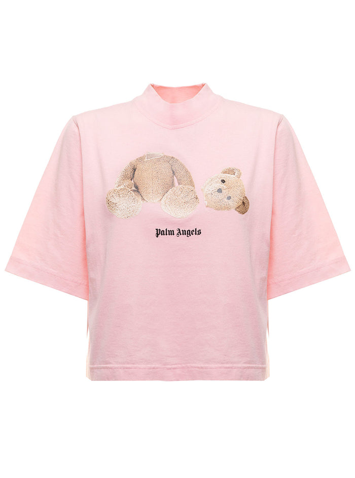 Pink Cotton Cropped Bear Loose T-Shirt Palm Angels Woman Tshirts And Polo Shirts