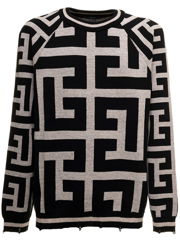 Monogram Merino Wool And Linen White Black Sweater Balmain Man Merinos Polyamide Jersey