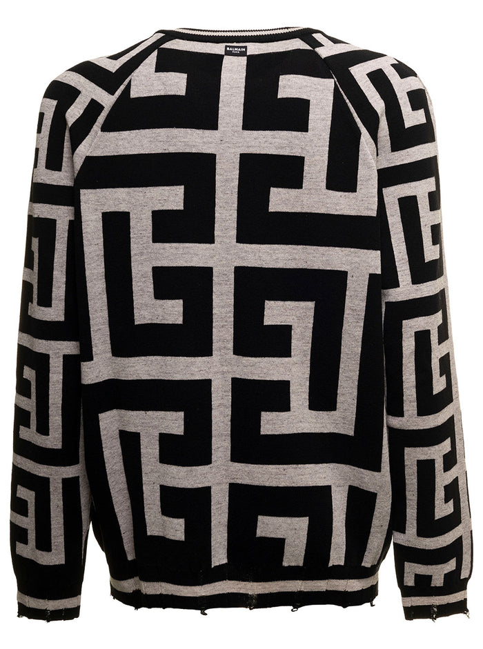 Monogram Merino Wool And Linen White Black Sweater Balmain Man Merinos Polyamide Jersey