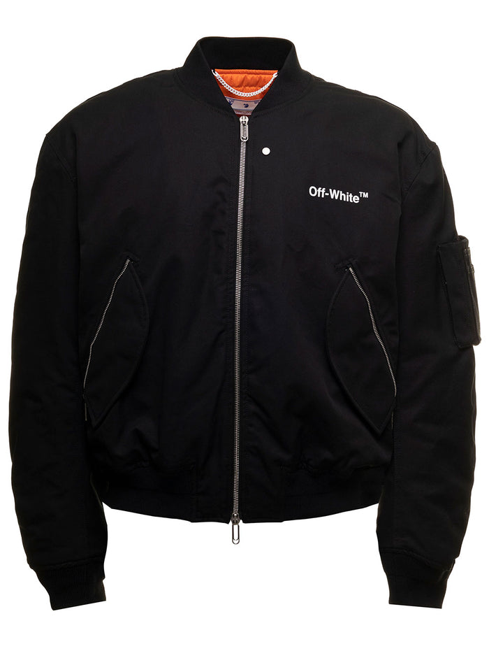 Diag Tab Black Nylon Bomber Jacket Off White Man Cotton