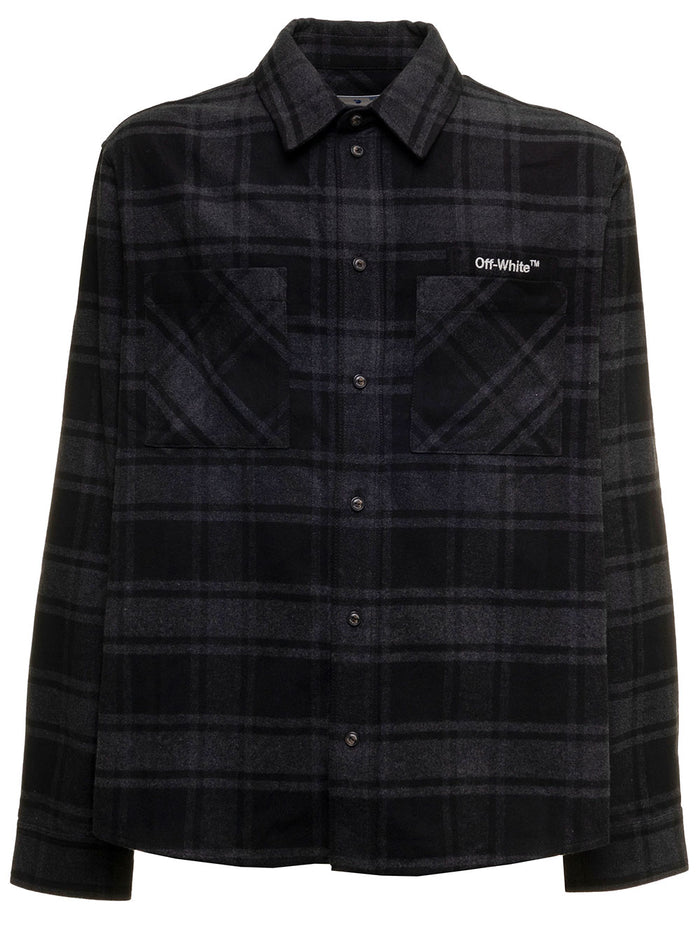 Outline Flannel Check Shirt With Logo Off White Man Grey Cotton Polyester And Blouses