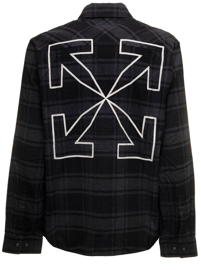 Outline Flannel Check Shirt With Logo Off White Man Grey Cotton Polyester And Blouses