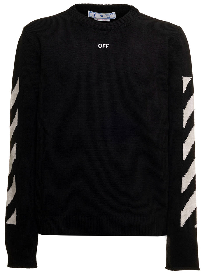 Diag Arrow Black Cotton Sweater Off White Man Polyester Jersey