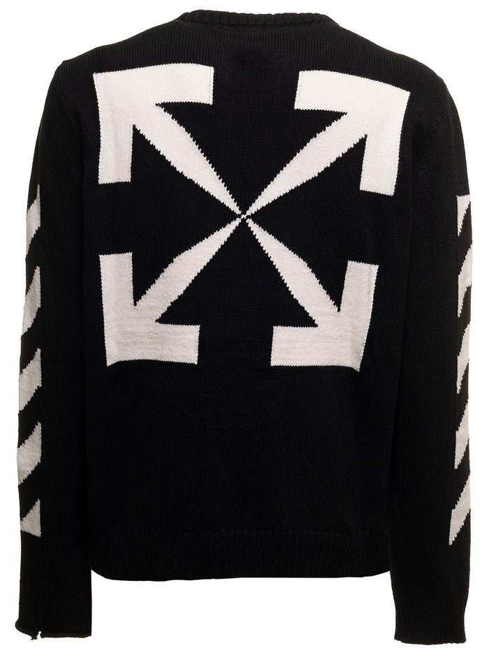 Diag Arrow Black Cotton Sweater Off White Man Polyester Jersey